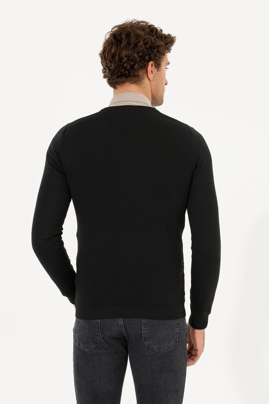 Siyah Slim Fit V Yaka Basic Triko Kazak - 50211259057