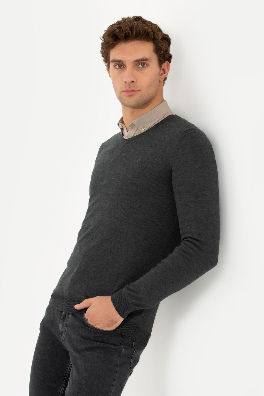 Antrasit Melanj Slim Fit V Yaka Basic Triko Kazak - 50211259075