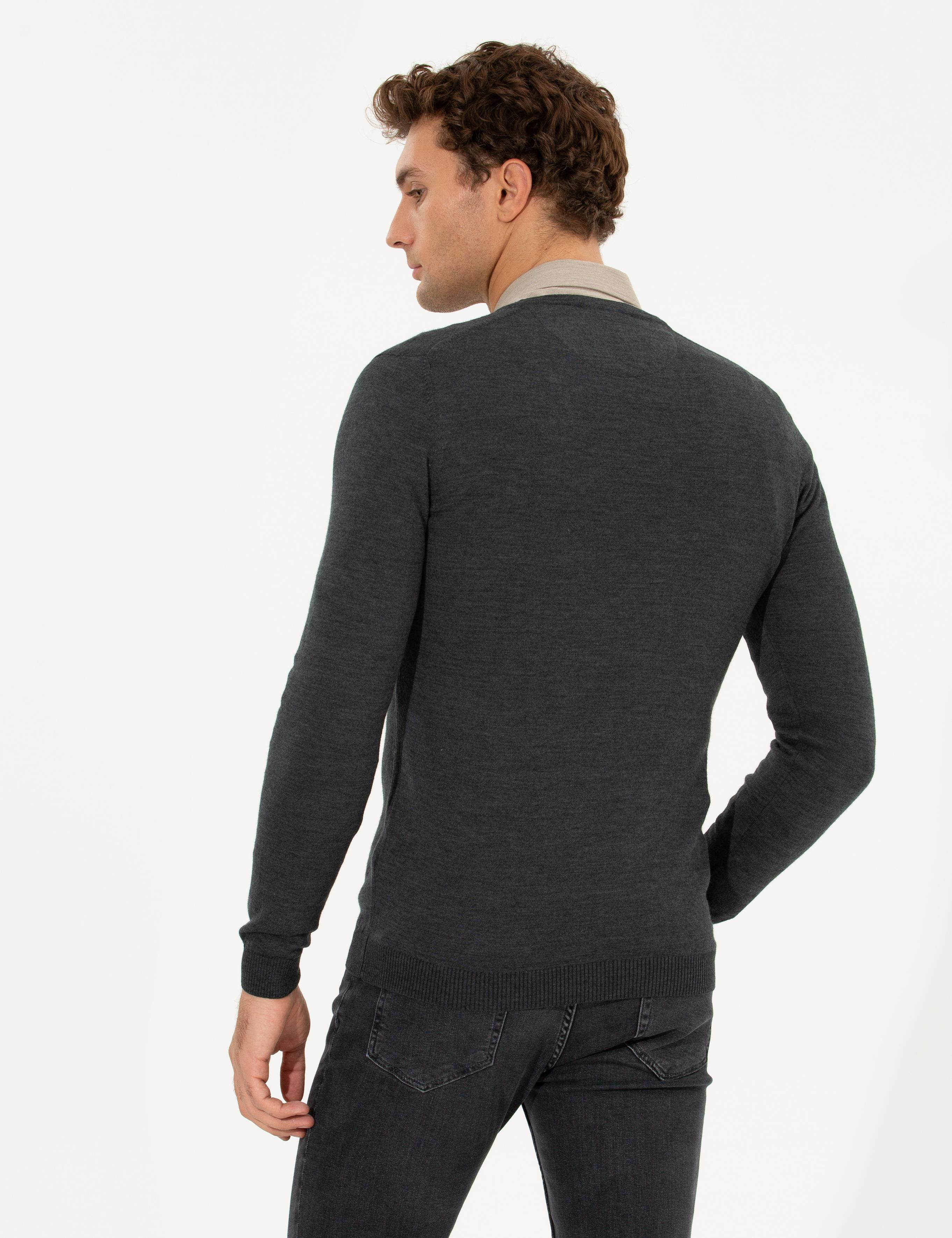 Antrasit Melanj Slim Fit V Yaka Basic Triko Kazak - 50211259075