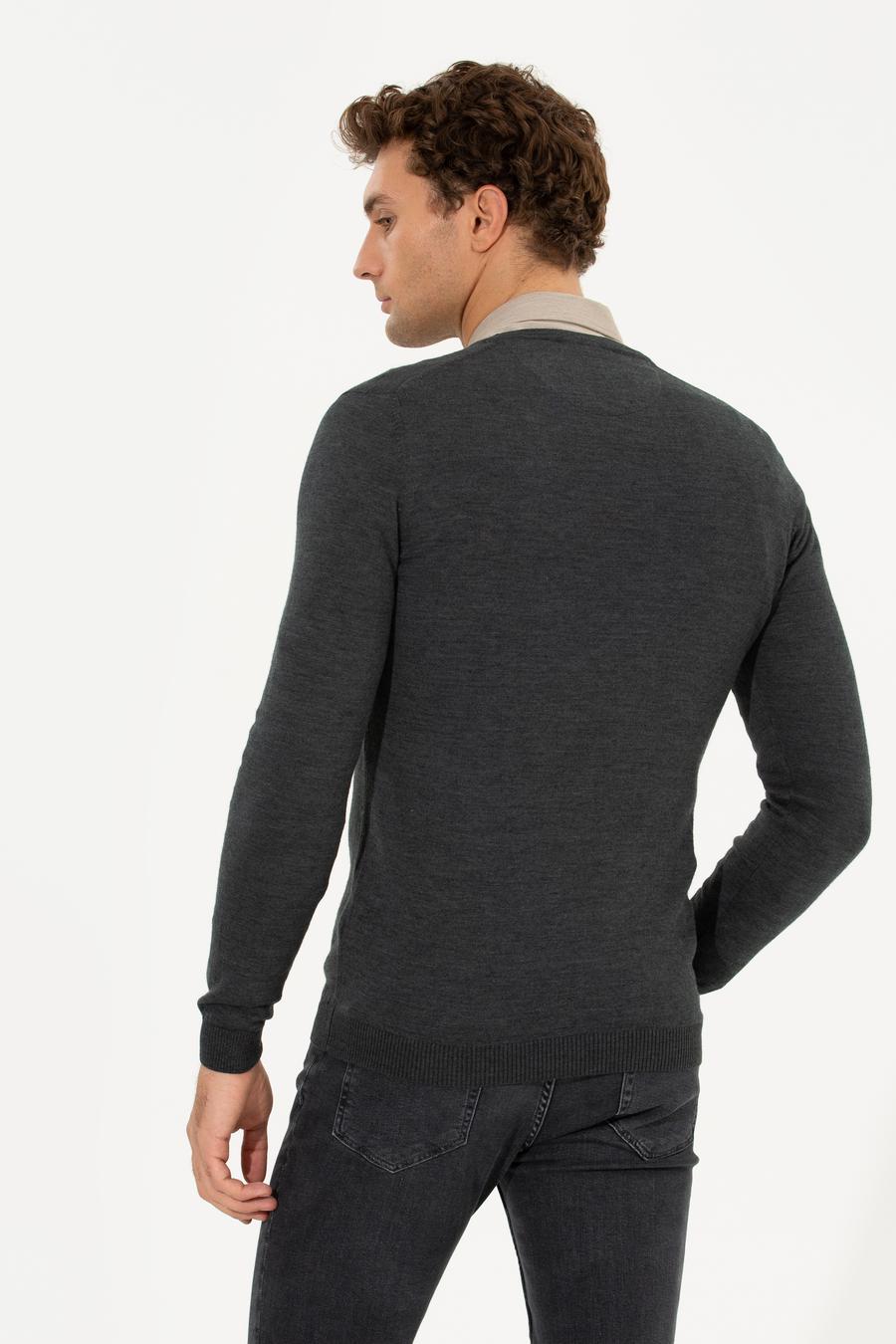 Antrasit Melanj Slim Fit V Yaka Basic Triko Kazak - 50211259075