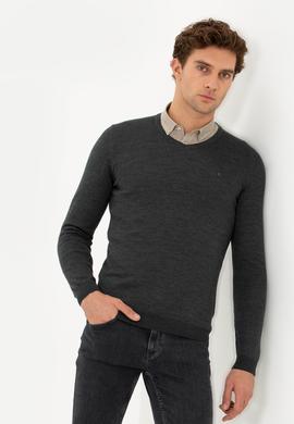 Antrasit Melanj Slim Fit V Yaka Basic Triko Kazak
