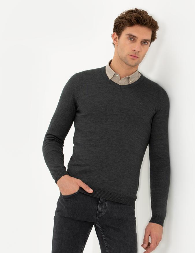 Antrasit Melanj Slim Fit V Yaka Basic Triko Kazak