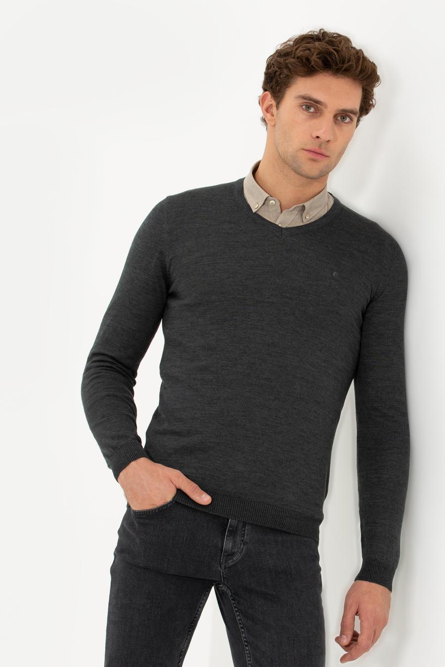 Antrasit Melanj Slim Fit V Yaka Basic Triko Kazak - 50211259075