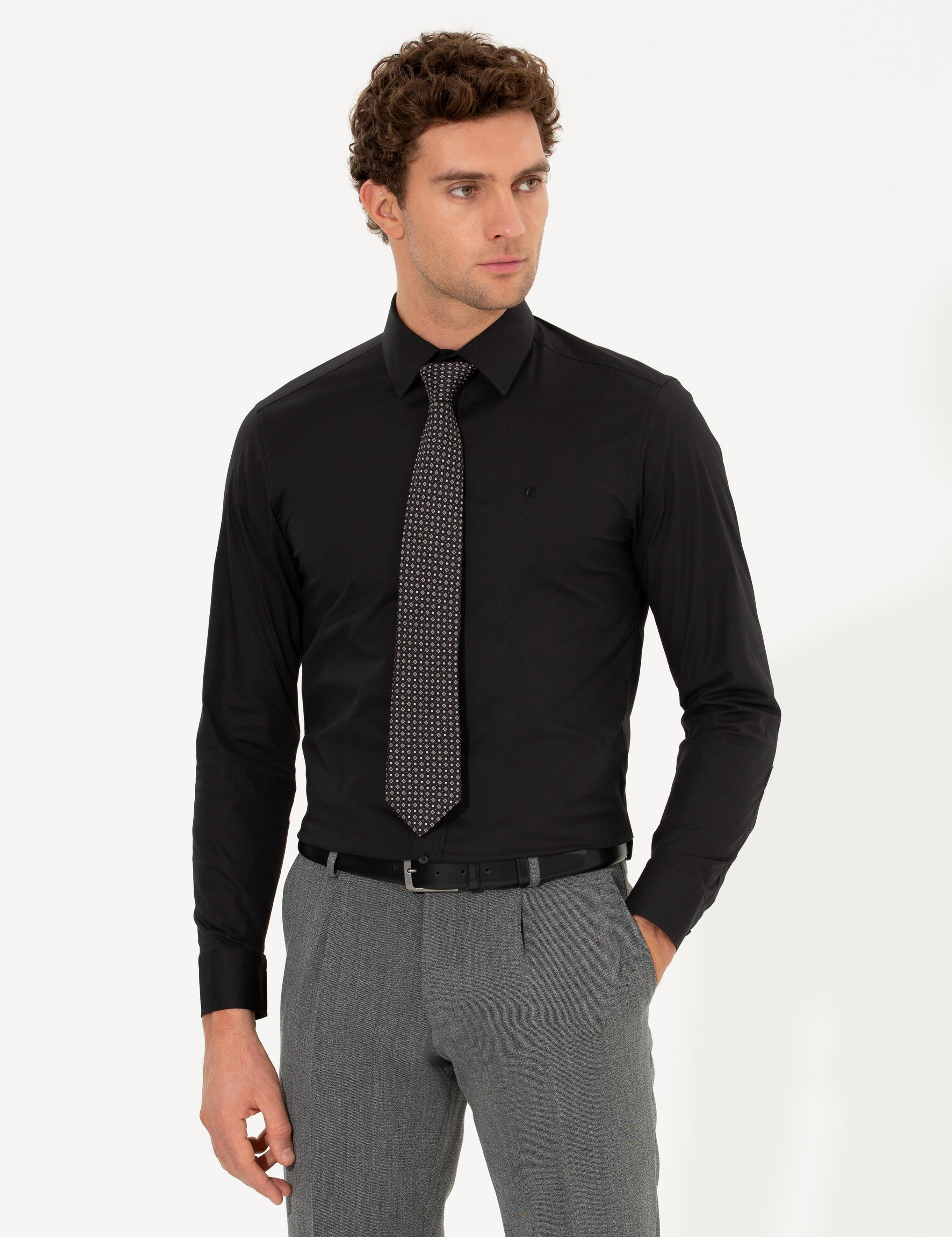 Siyah Slim Fit Uzun Kollu Basic Gömlek - 50268506040