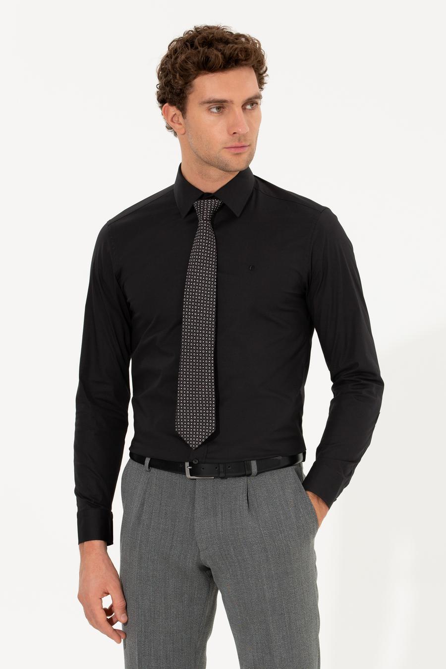 Siyah Slim Fit Uzun Kollu Basic Gömlek - 50268506040