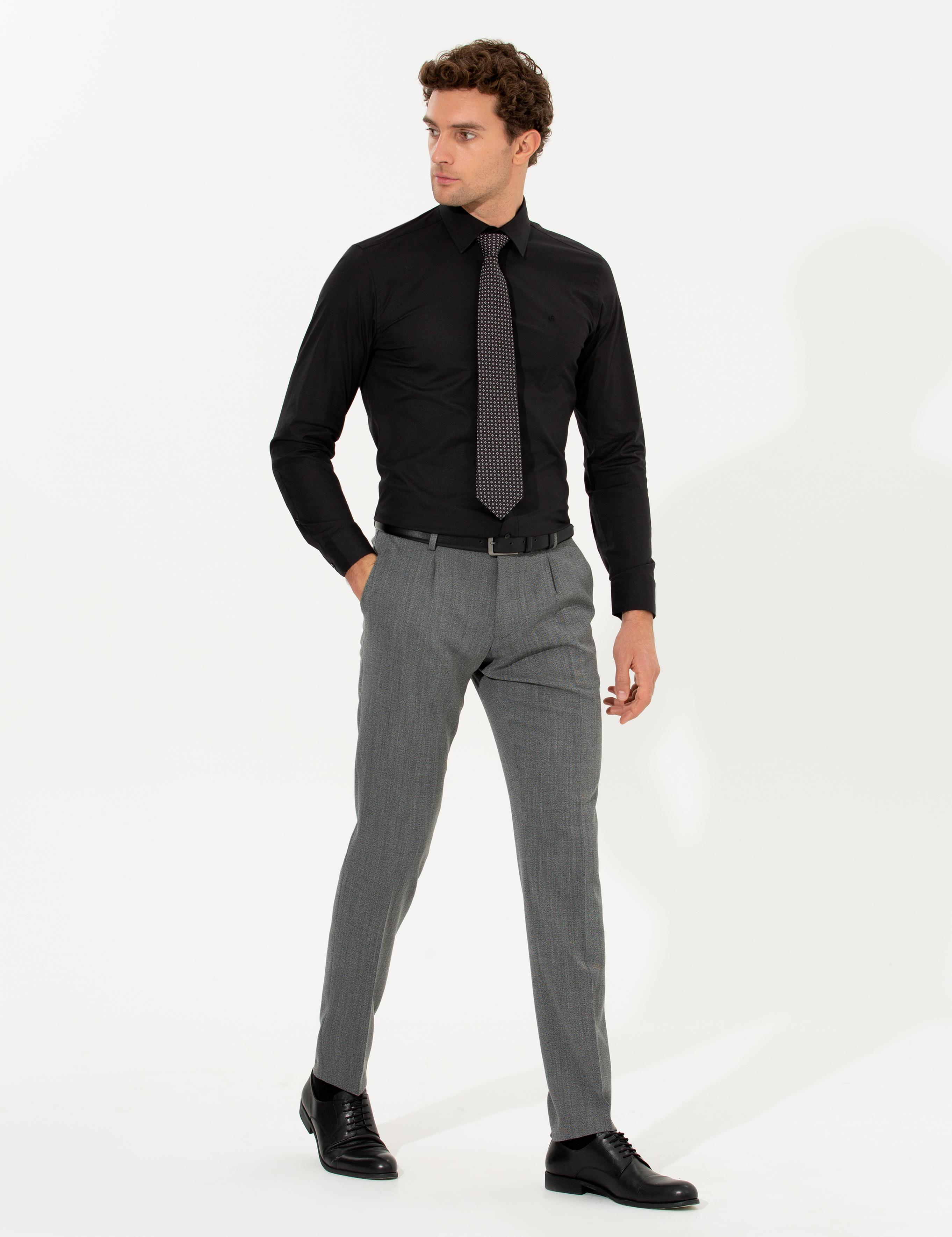 Siyah Slim Fit Uzun Kollu Basic Gömlek - 50268506040