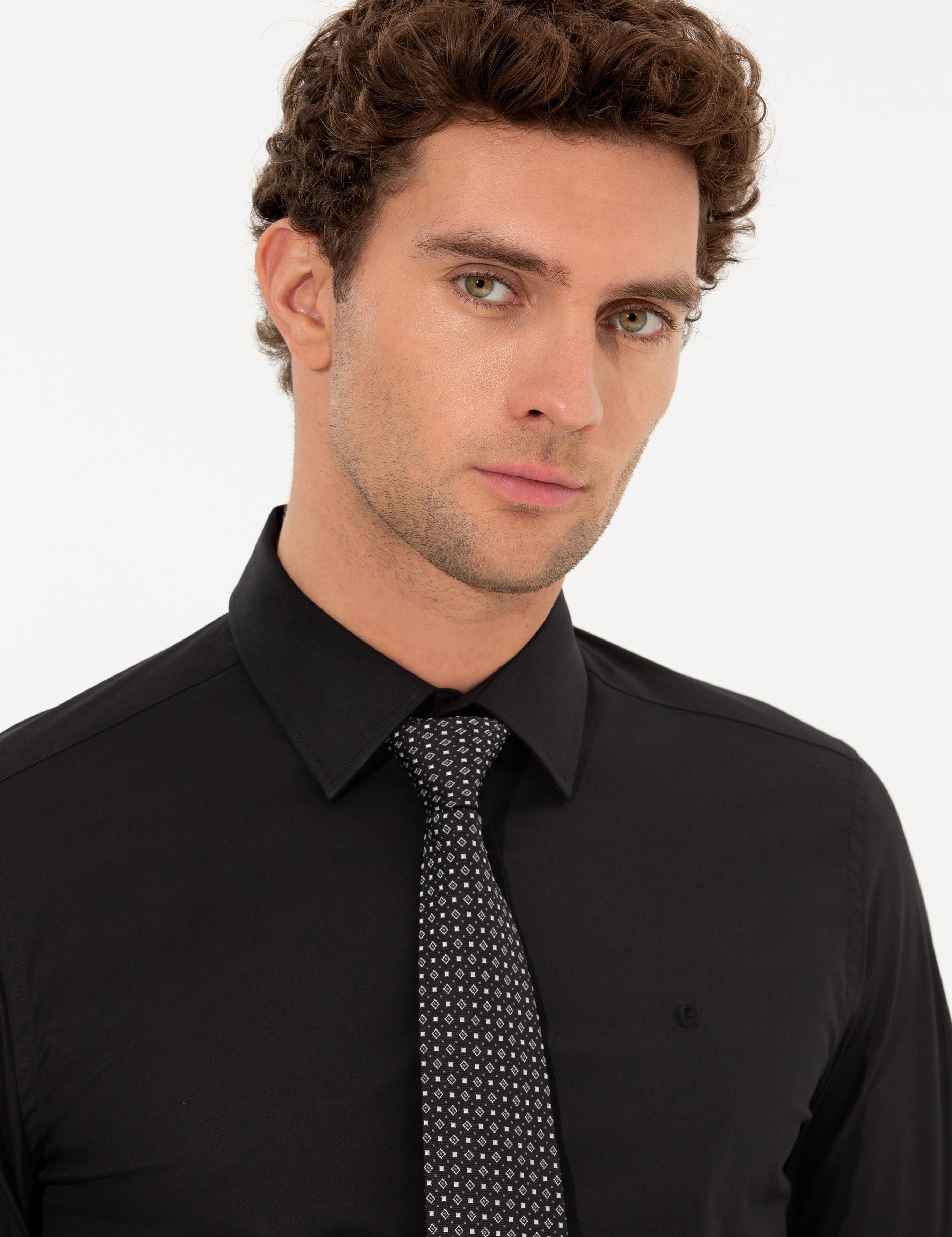 Siyah Slim Fit Uzun Kollu Basic Gömlek - 50268506040
