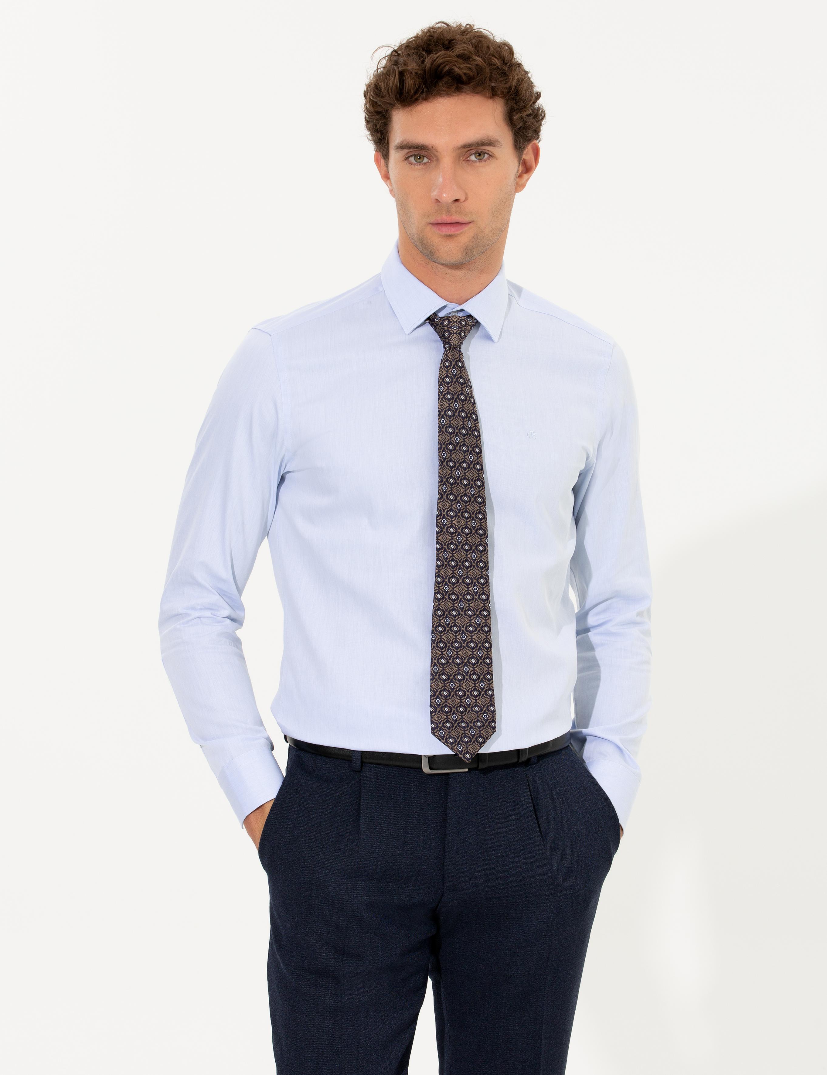 Açık Mavi Slim Fit %100 Pamuk Yarım İtalyan Yaka  Basic Gömlek - 50268497021
