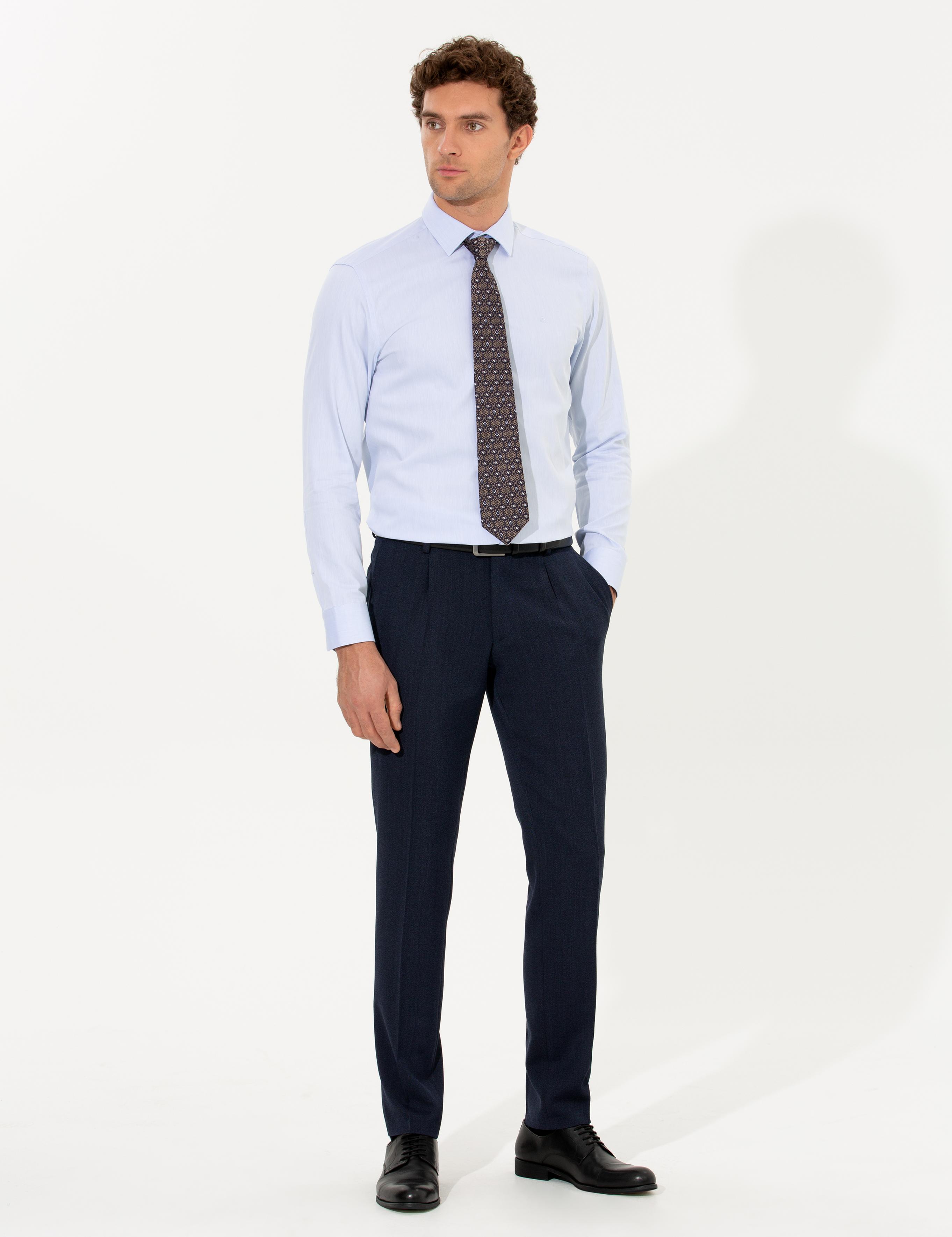Açık Mavi Slim Fit %100 Pamuk Yarım İtalyan Yaka  Basic Gömlek - 50268497021