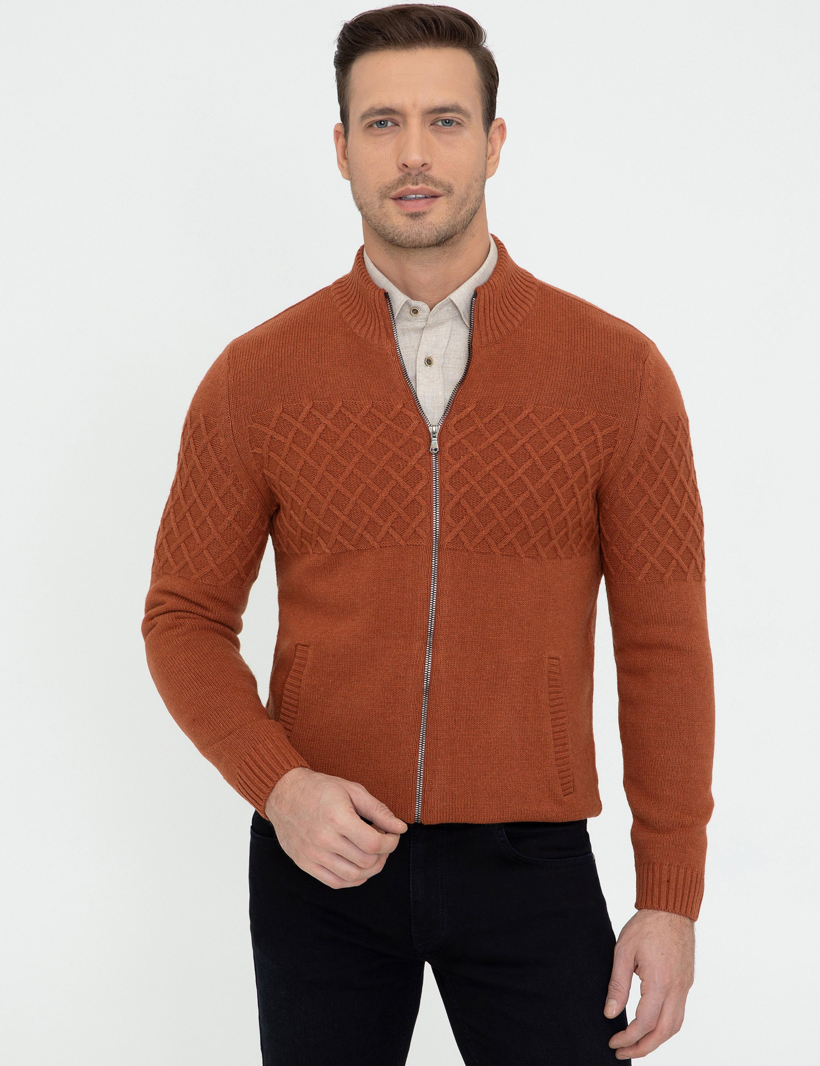 Kiremit Slim Fit Dik Yaka Triko Hırka - 50242790066