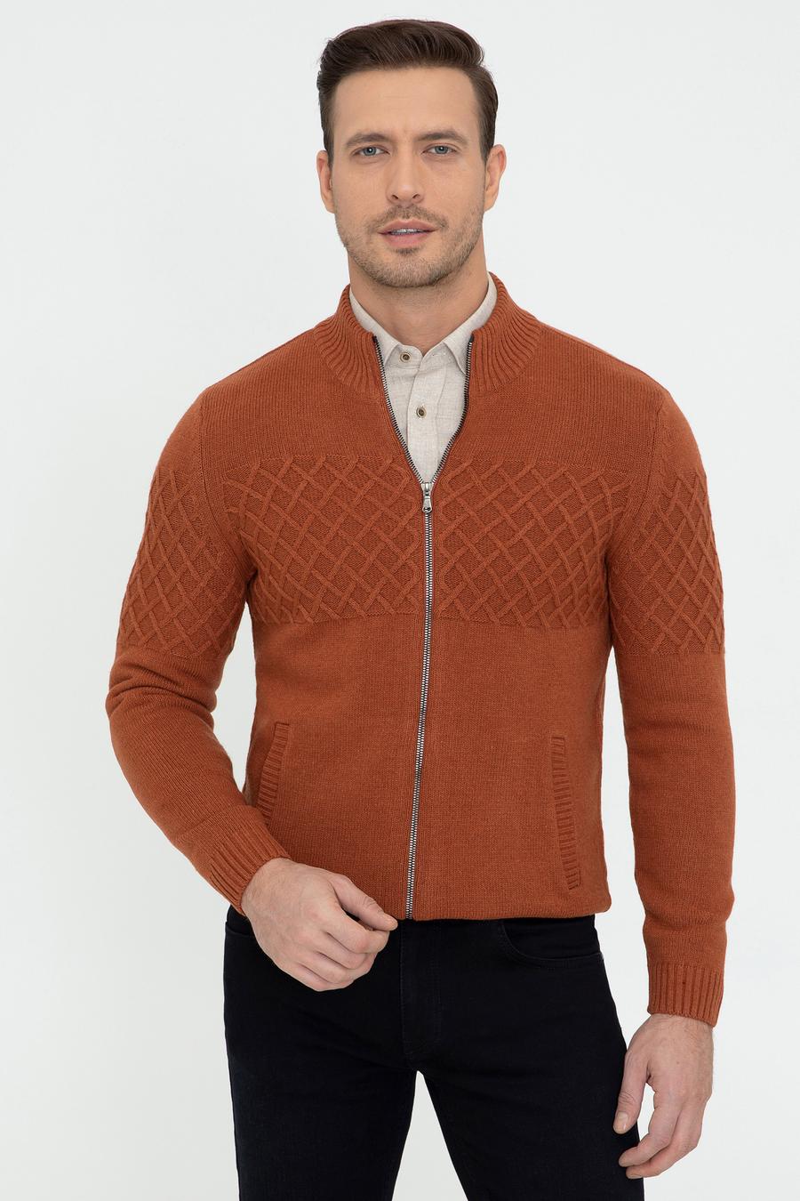 Kiremit Slim Fit Dik Yaka Triko Hırka - 50242790066