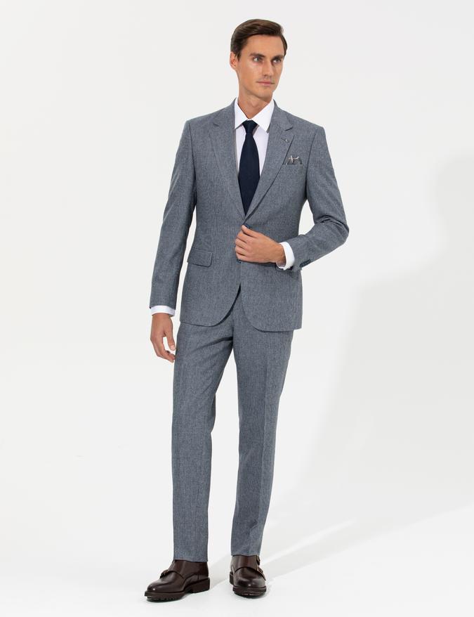 İndigo Slim Fit Mikro Desenli Yün Karışımlı Kumaş Pantolon