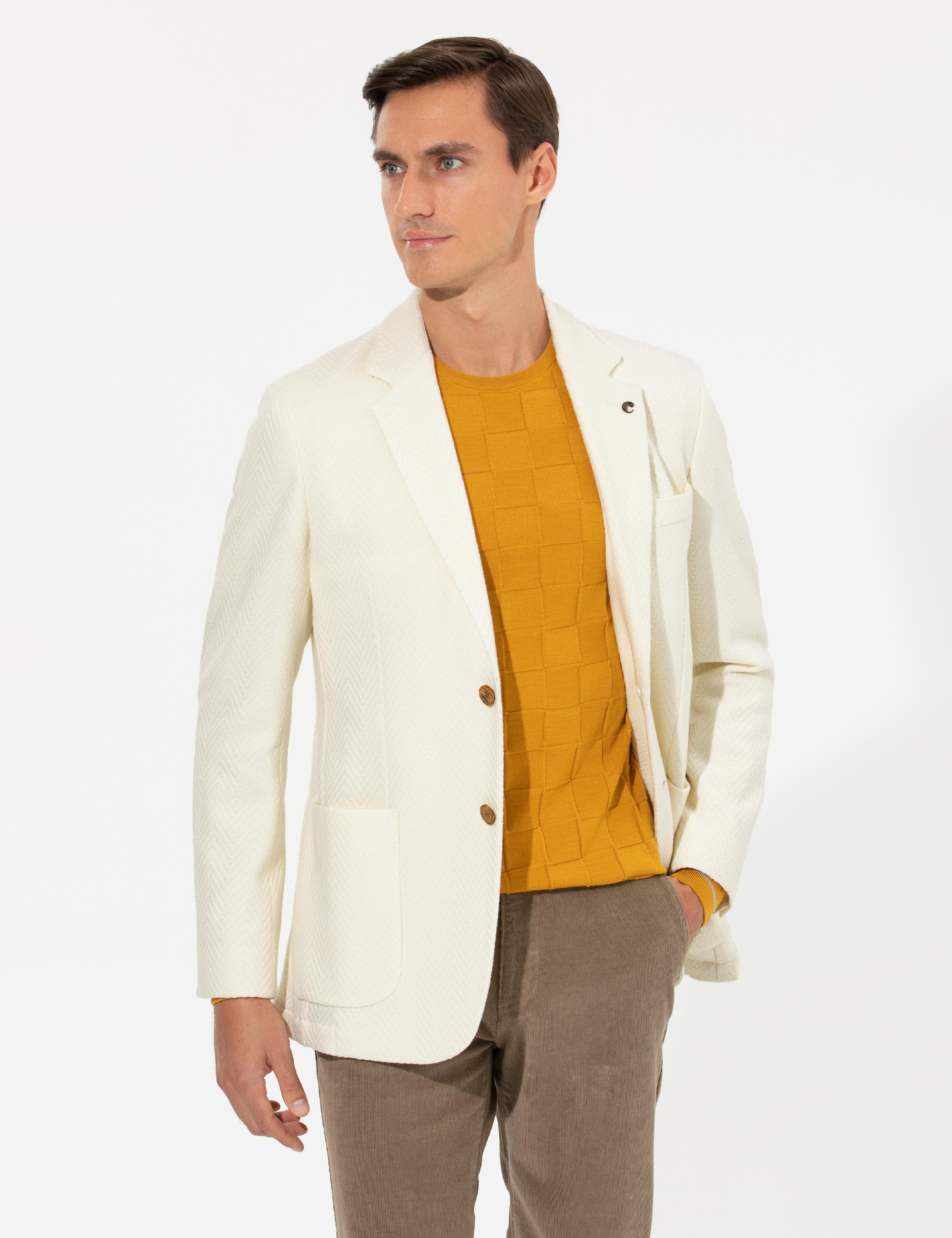 Beyaz Slim Fit Yün Karışımlı Balıksırtı Ceket - 50255401017