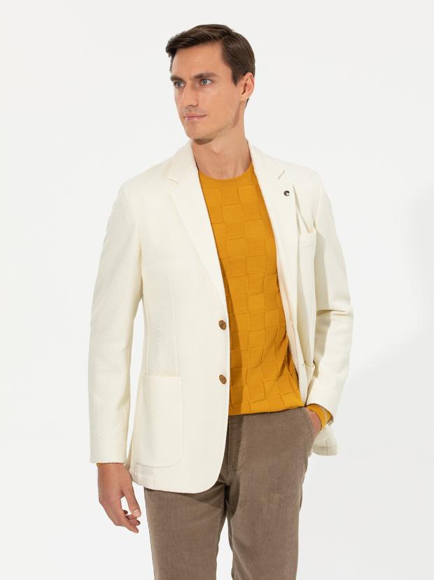 Beyaz Slim Fit Yün Karışımlı Balıksırtı Ceket