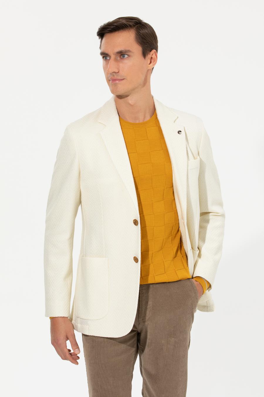 Beyaz Slim Fit Yün Karışımlı Balıksırtı Ceket - 50255401017