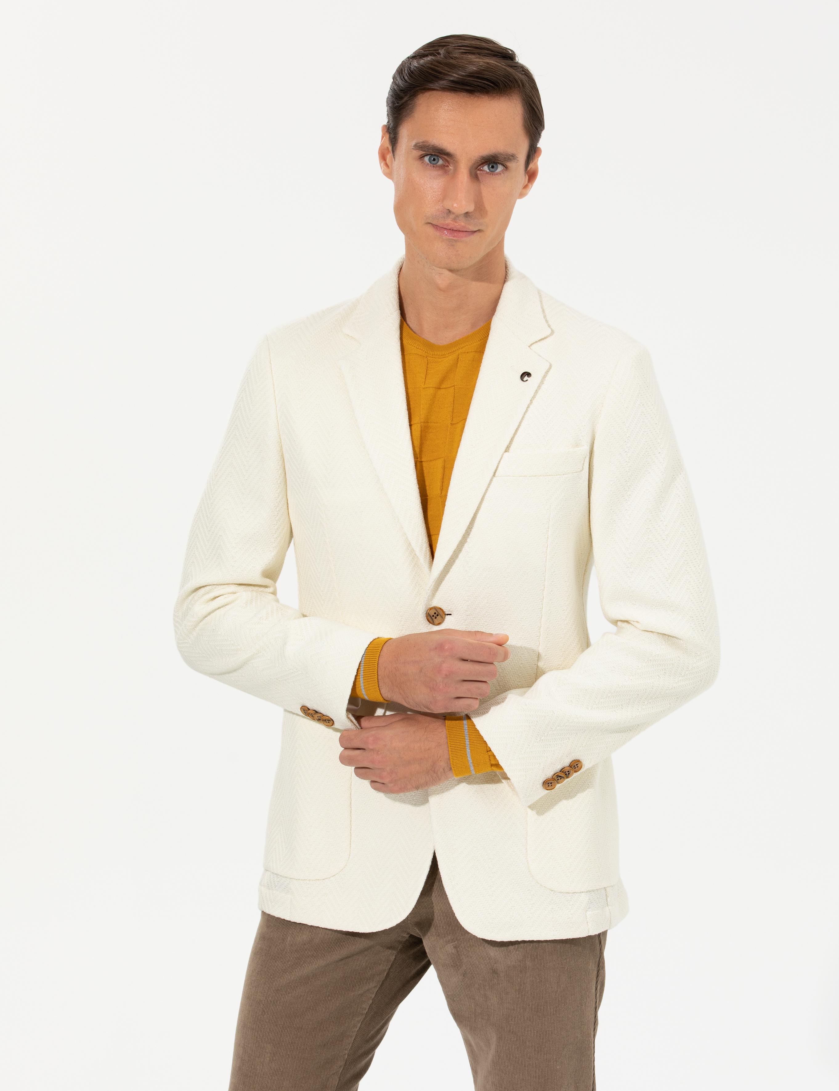 Beyaz Slim Fit Yün Karışımlı Balıksırtı Ceket - 50255401017