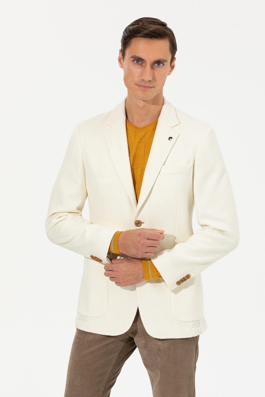 Beyaz Slim Fit Yün Karışımlı Balıksırtı Ceket - 50255401017