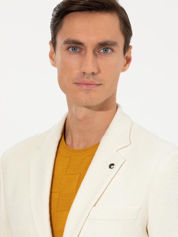 Beyaz Slim Fit Yün Karışımlı Balıksırtı Ceket