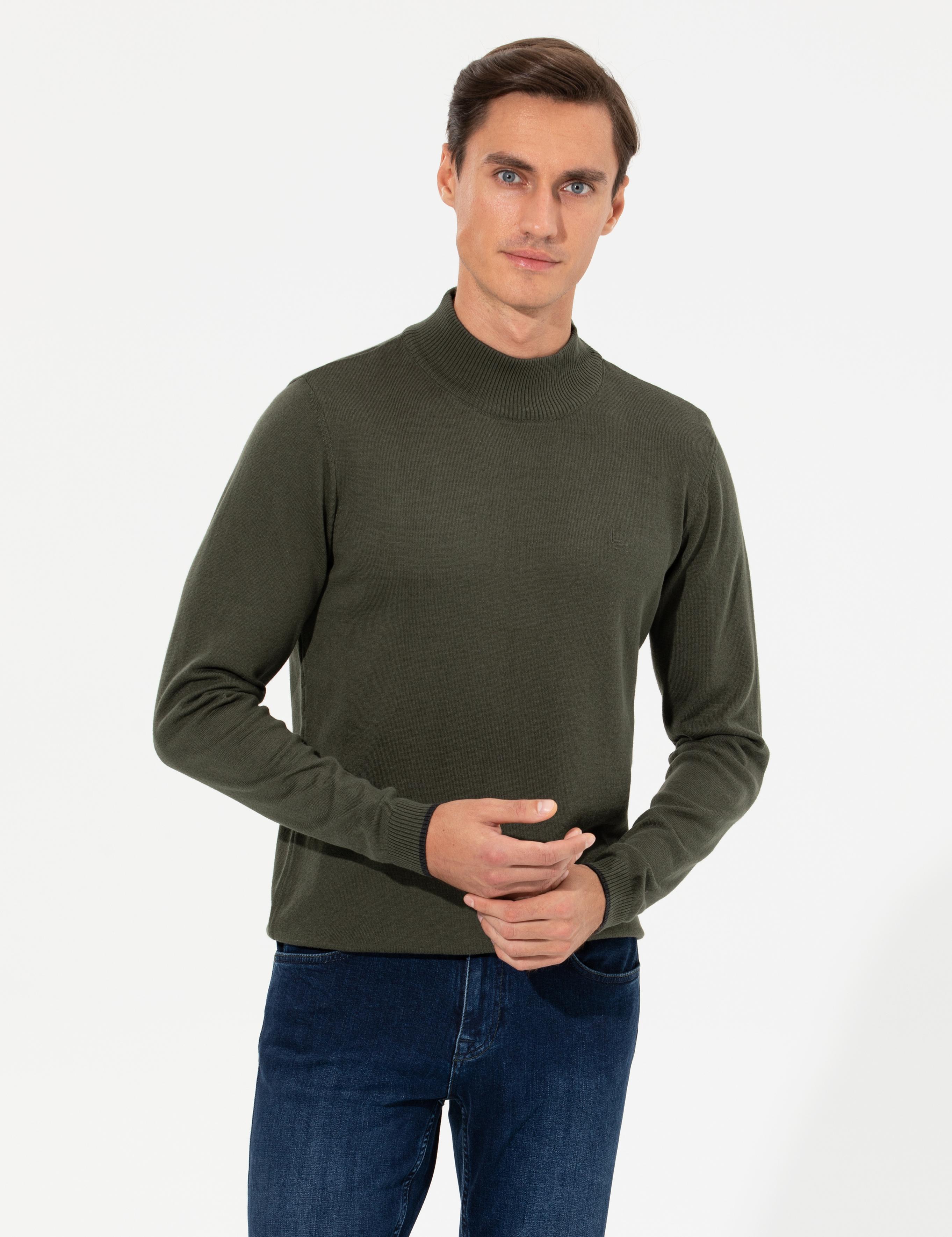 Haki Slim Fit Yarım Balıkçı Basic Triko Kazak - 50258895029