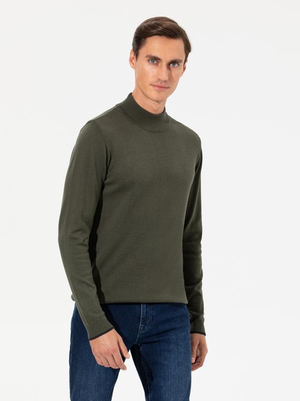 Haki Slim Fit Yarım Balıkçı Basic Triko Kazak