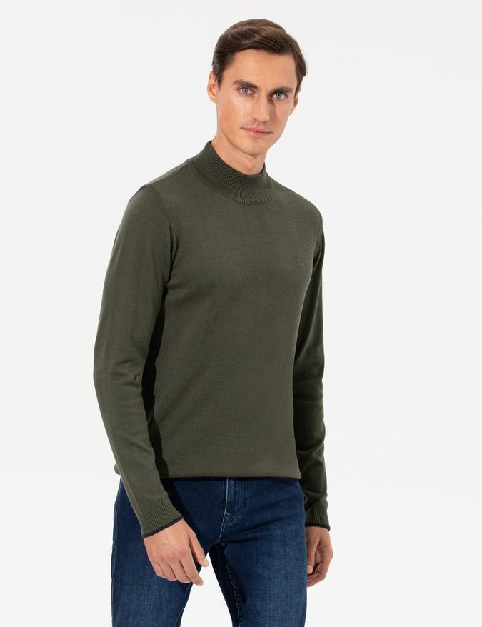 Haki Slim Fit Yarım Balıkçı Basic Triko Kazak