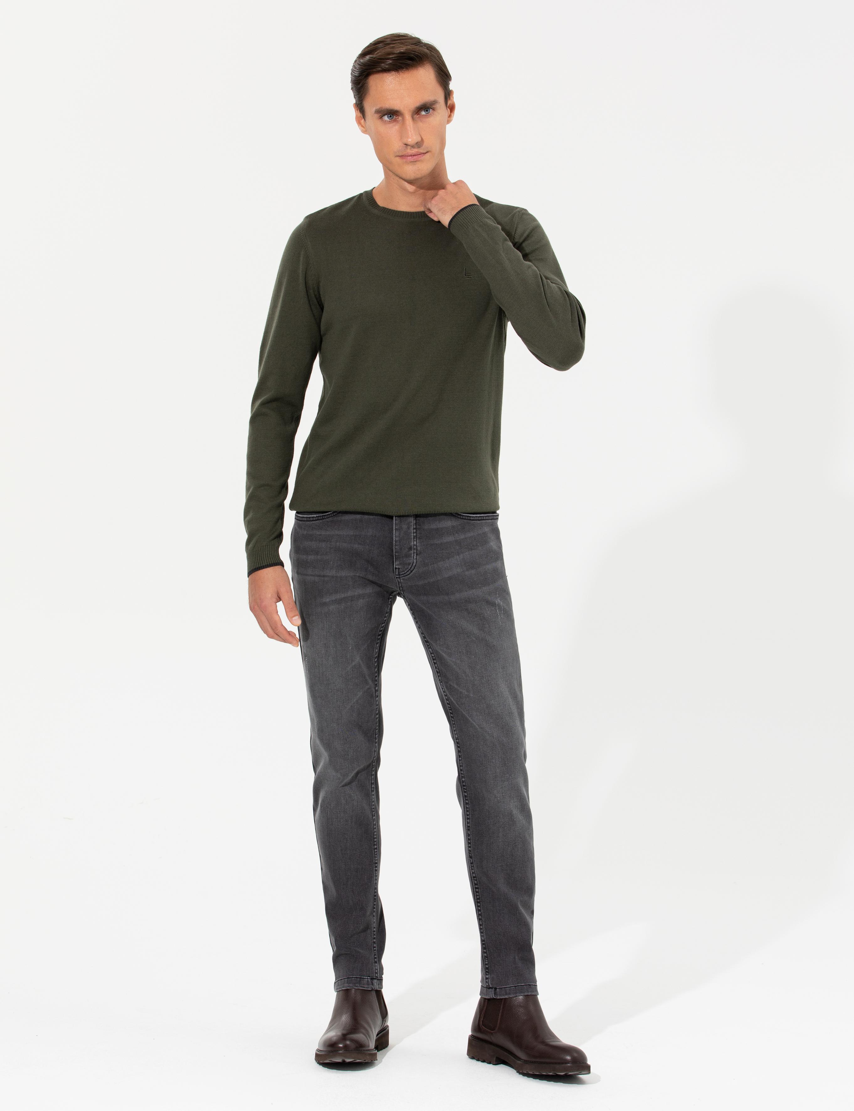 Haki Slim Fit Bisiklet Yaka Basic Triko Kazak - 50259092016
