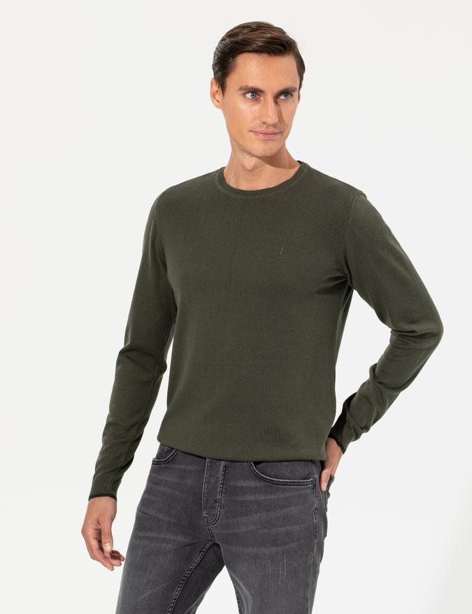 Haki Slim Fit Bisiklet Yaka Basic Triko Kazak