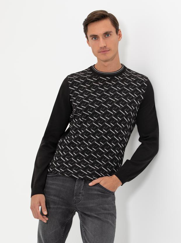 Siyah Slim Fit Pamuk Karışımlı Bisiklet Yaka Triko Kazak