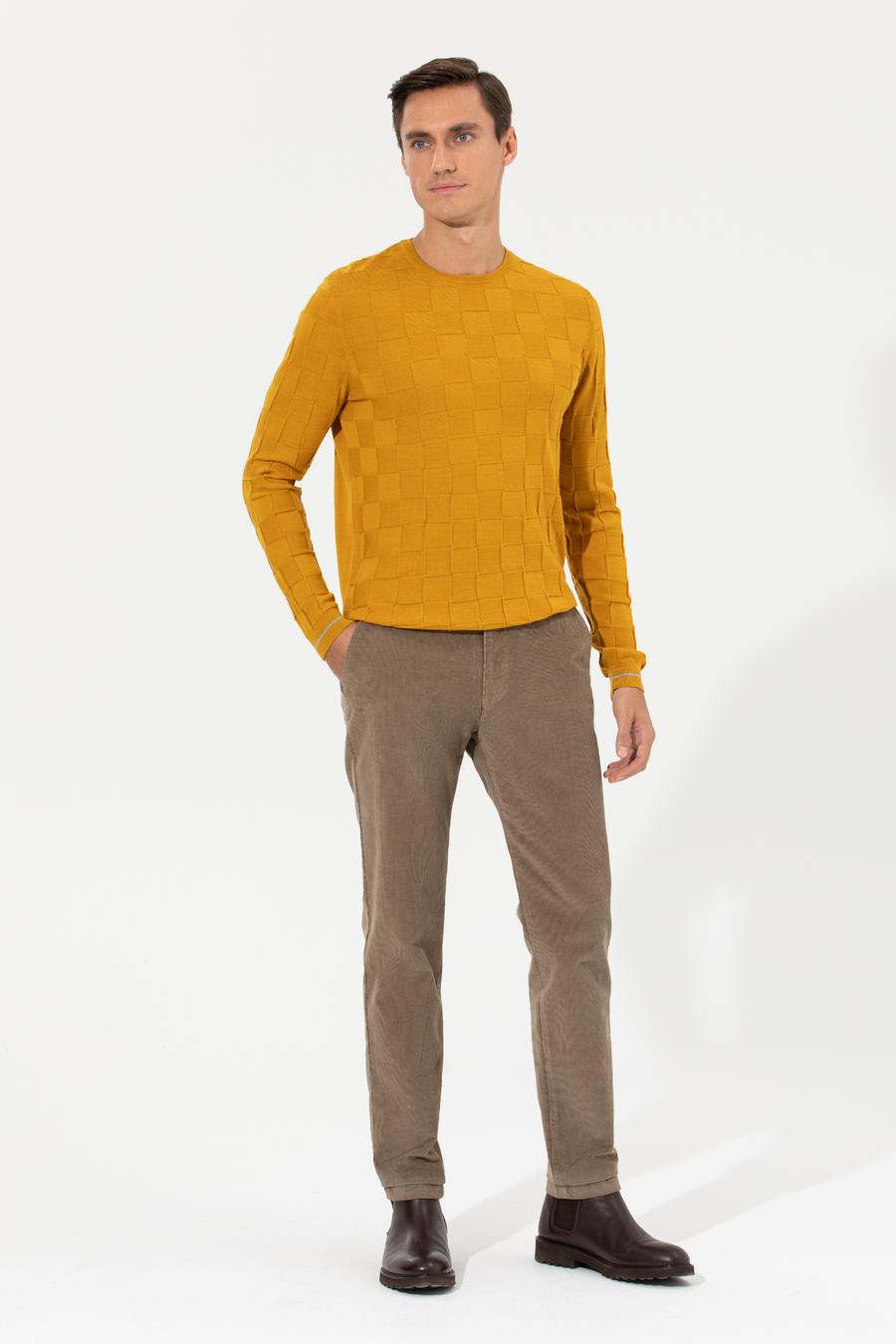 Sarı Slim Fit Yün Karışımlı Bisiklet Yaka Triko Kazak - 50258883003