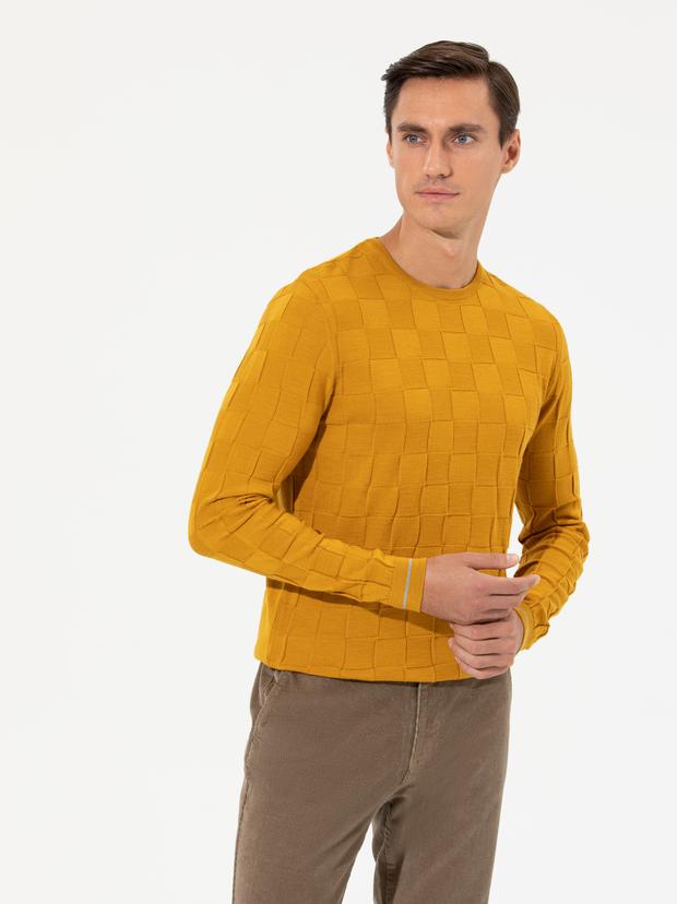 Sarı Slim Fit Yün Karışımlı Bisiklet Yaka Triko Kazak