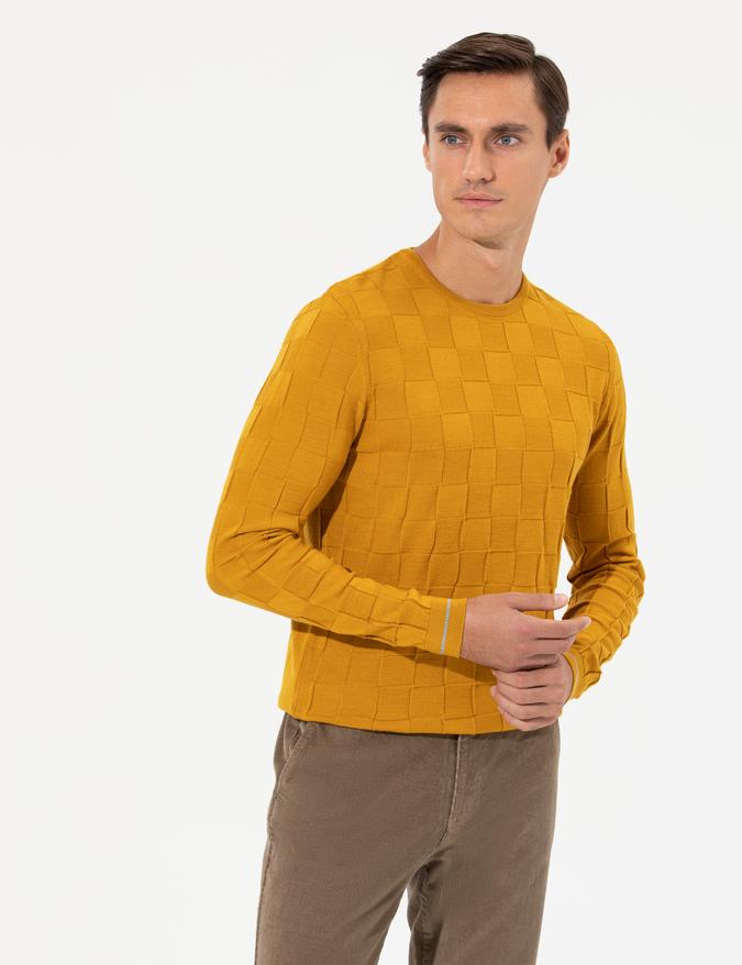 Sarı Slim Fit Yün Karışımlı Bisiklet Yaka Triko Kazak
