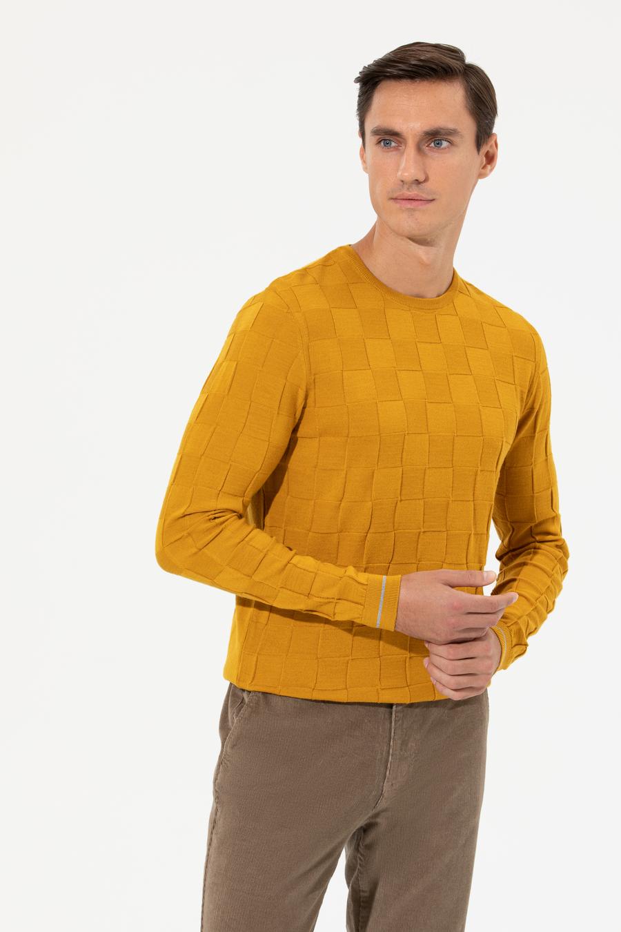 Sarı Slim Fit Yün Karışımlı Bisiklet Yaka Triko Kazak - 50258883003