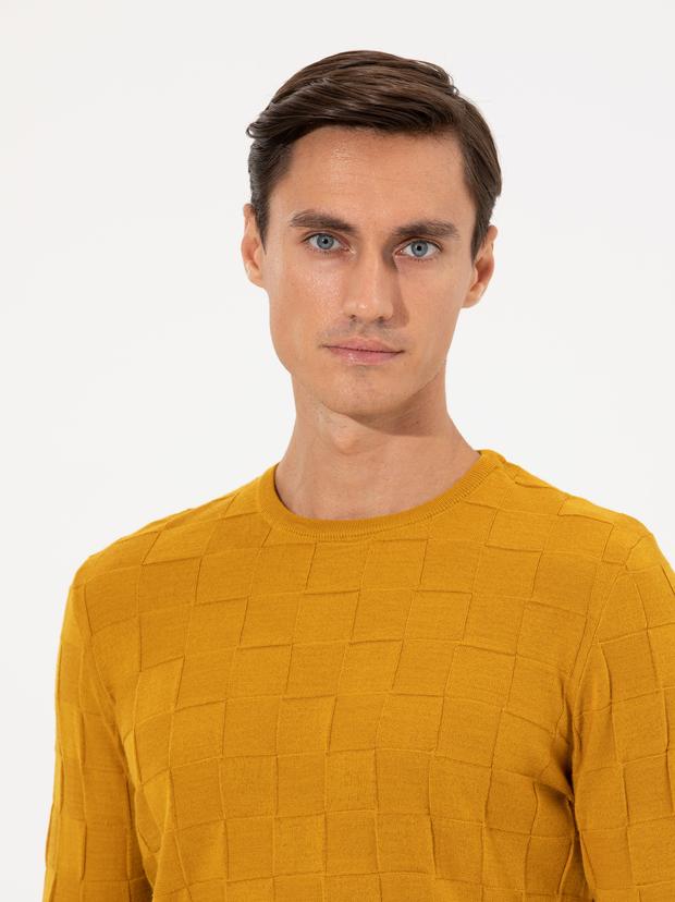 Sarı Slim Fit Yün Karışımlı Bisiklet Yaka Triko Kazak