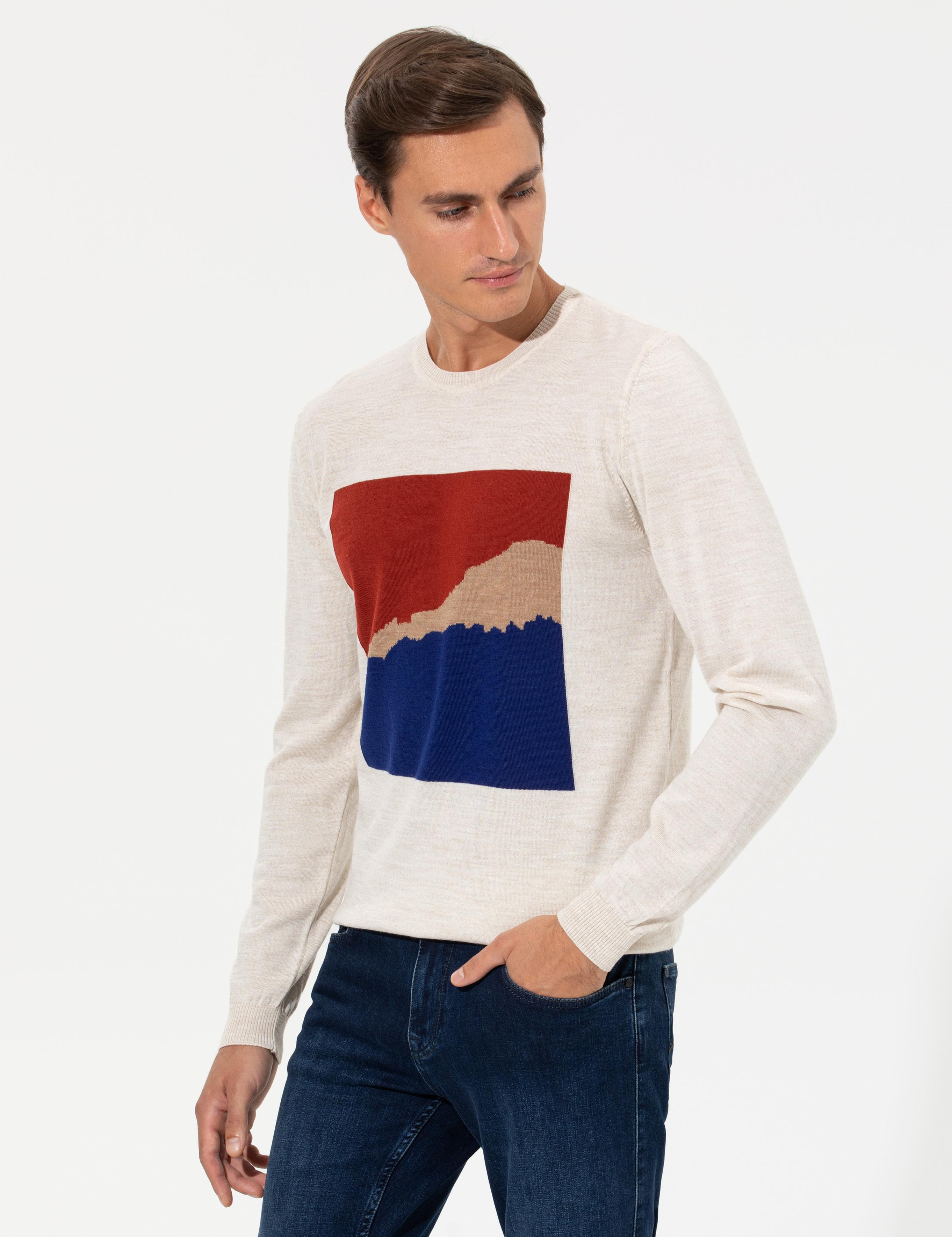 Ekru Slim Fit Bisiklet Yaka Triko Kazak - 50259300007