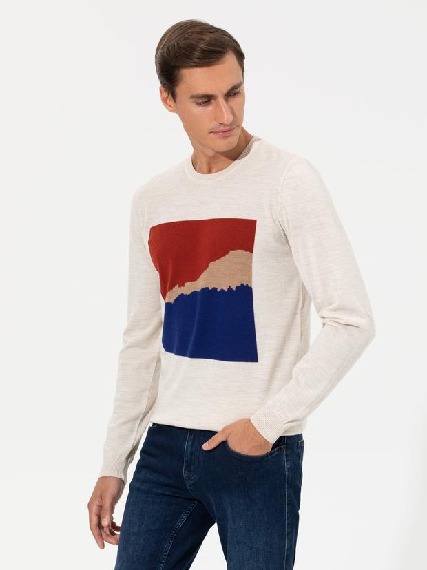 Ekru Slim Fit Bisiklet Yaka Triko Kazak