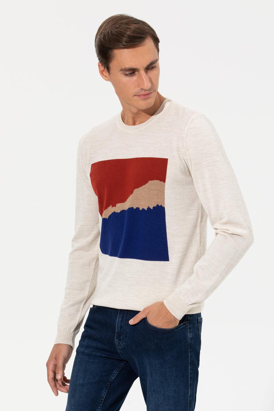 Ekru Slim Fit Bisiklet Yaka Triko Kazak - 50259300007