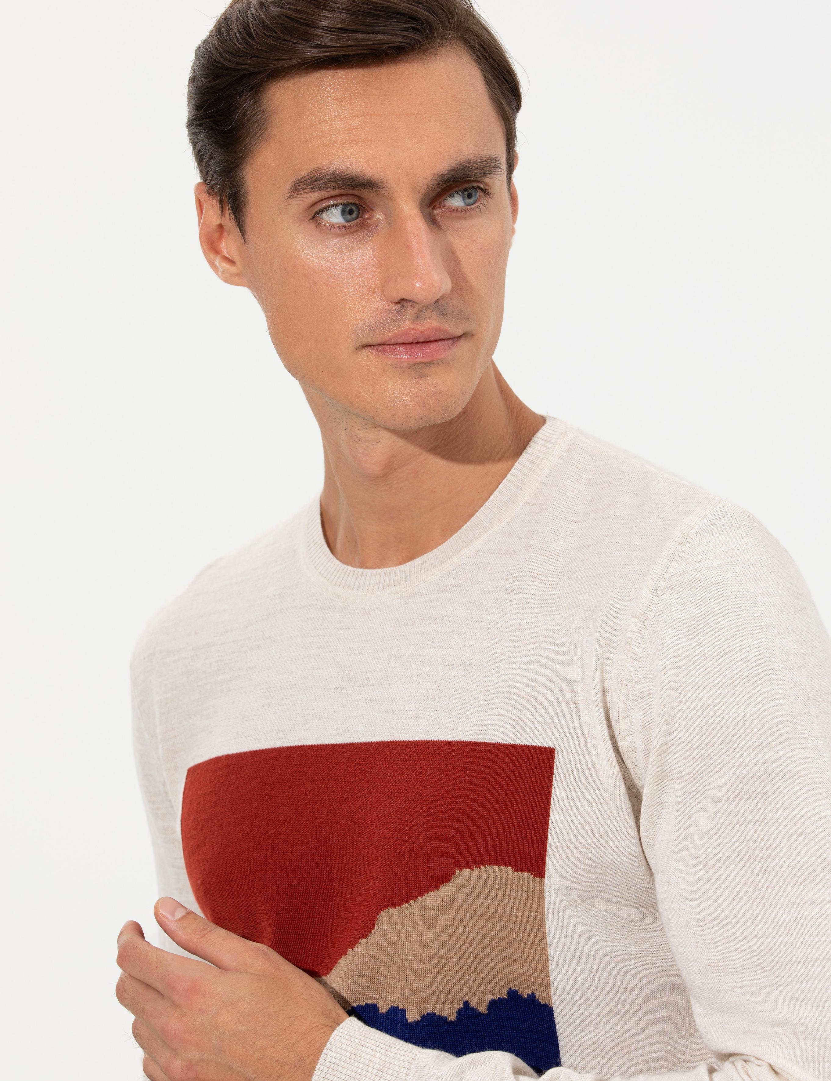Ekru Slim Fit Bisiklet Yaka Triko Kazak - 50259300007