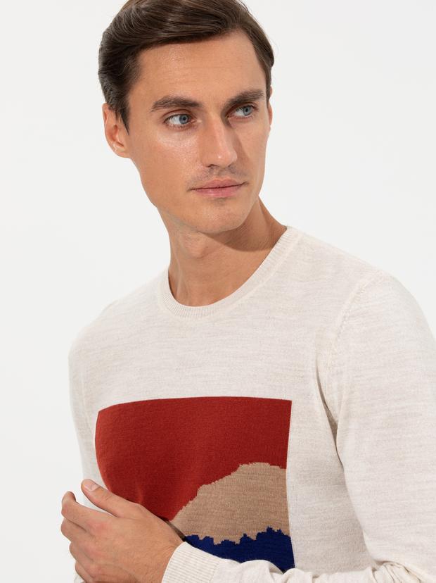 Ekru Slim Fit Bisiklet Yaka Triko Kazak