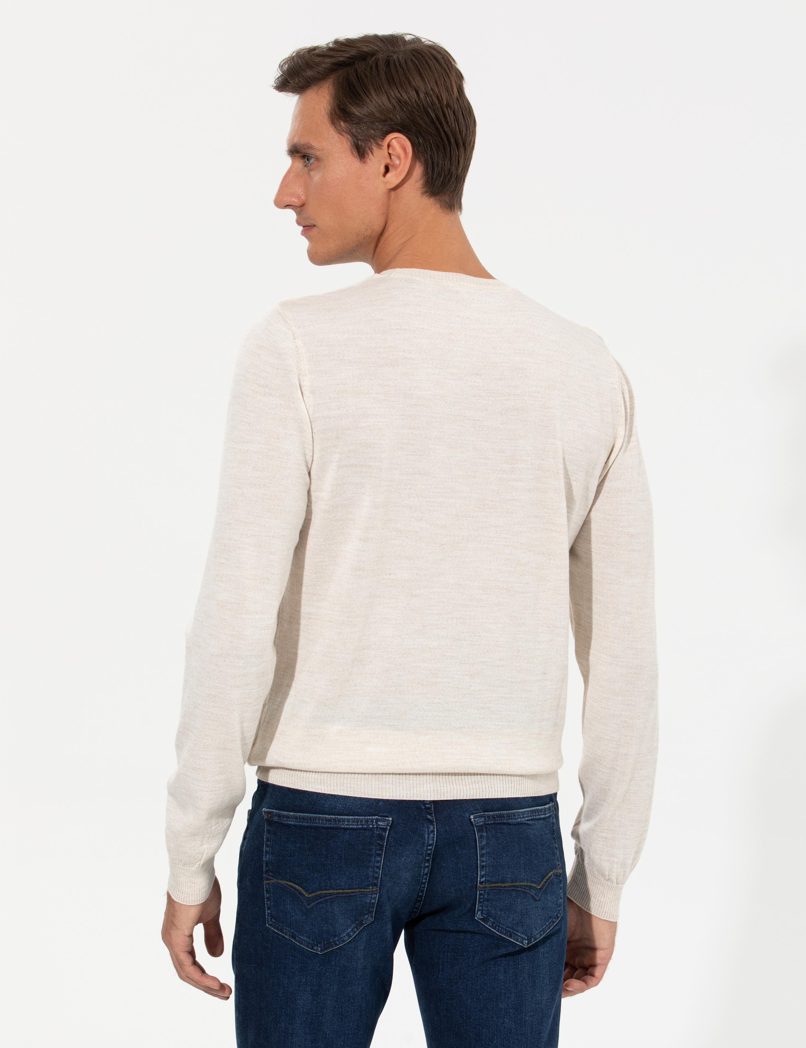 Ekru Slim Fit Bisiklet Yaka Triko Kazak - 50259300007