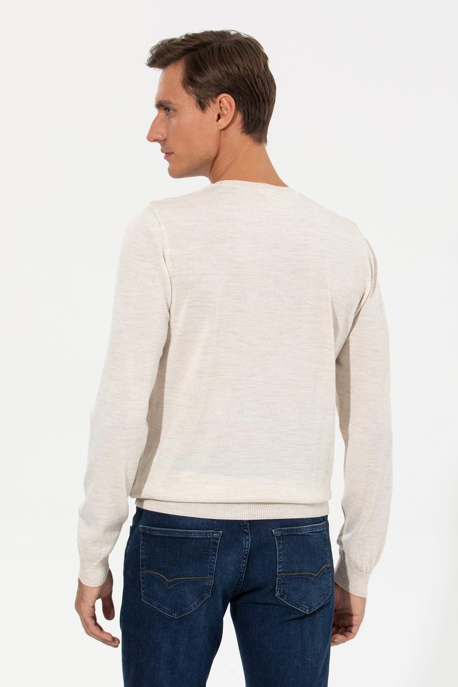 Ekru Slim Fit Bisiklet Yaka Triko Kazak - 50259300007