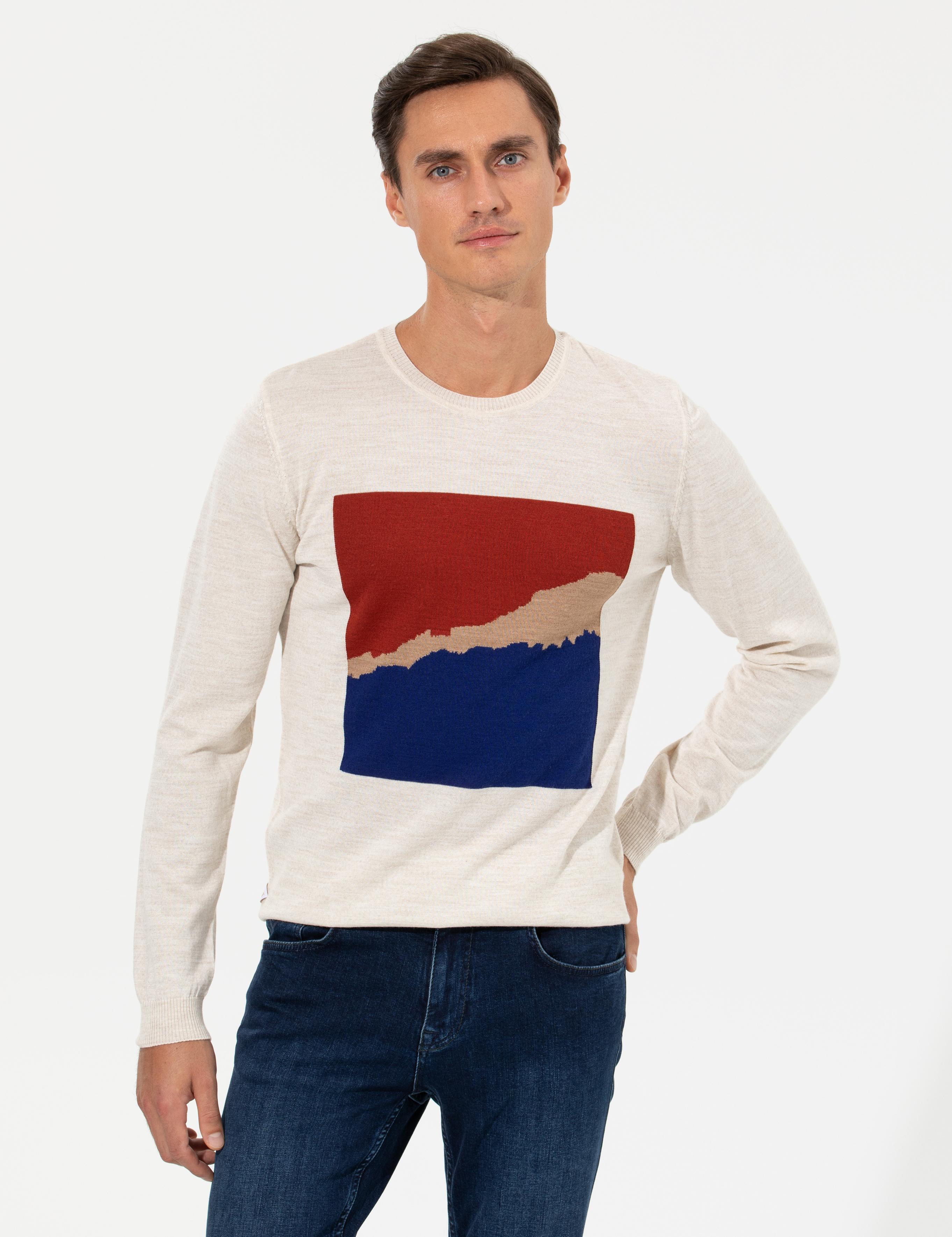 Ekru Slim Fit Bisiklet Yaka Triko Kazak - 50259300007