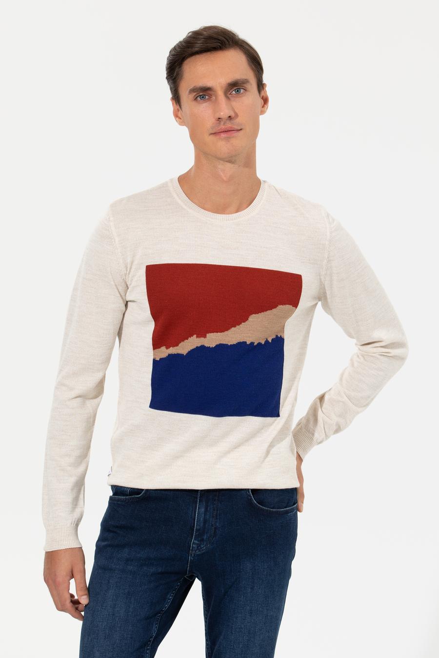 Ekru Slim Fit Bisiklet Yaka Triko Kazak - 50259300007