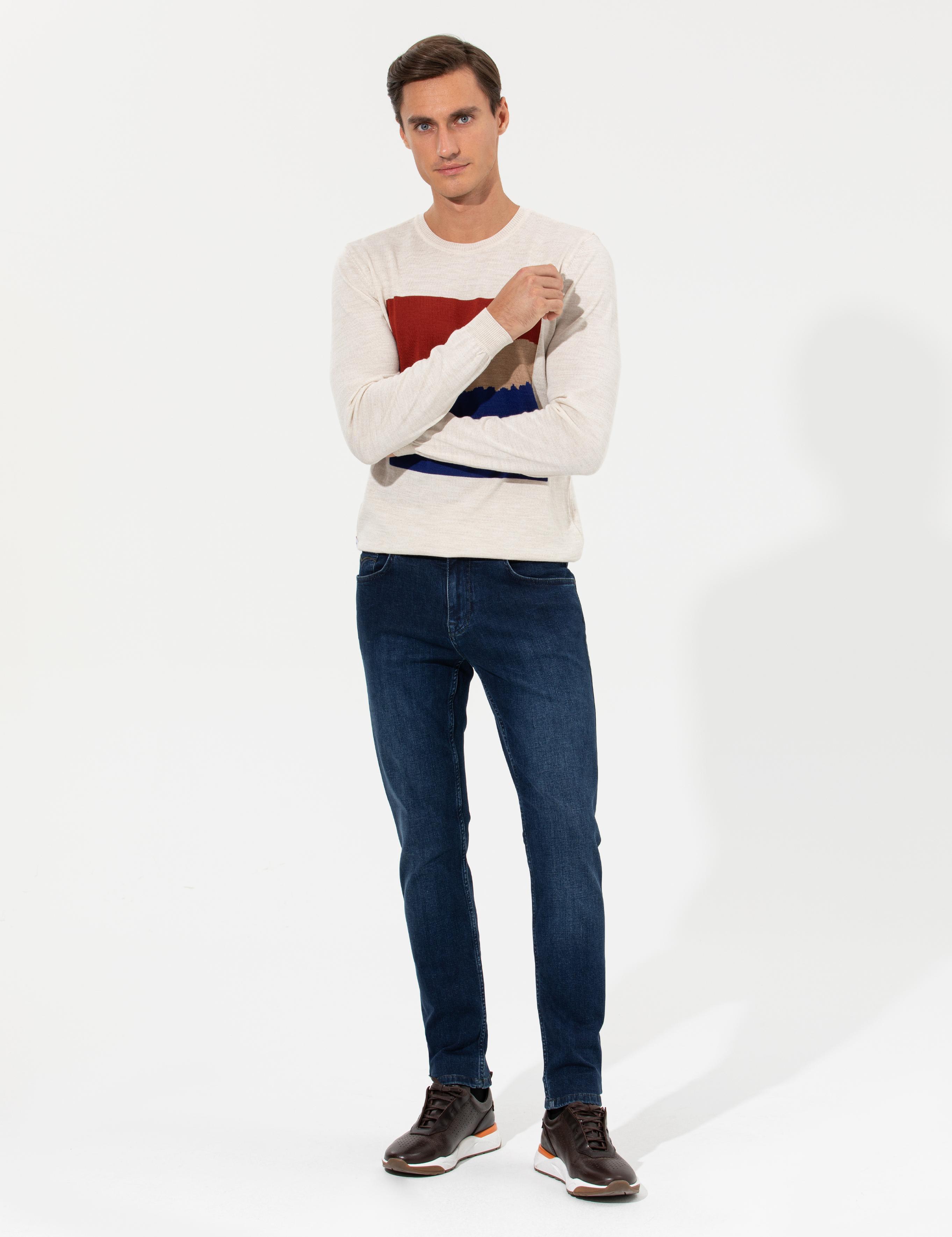 Ekru Slim Fit Bisiklet Yaka Triko Kazak - 50259300007