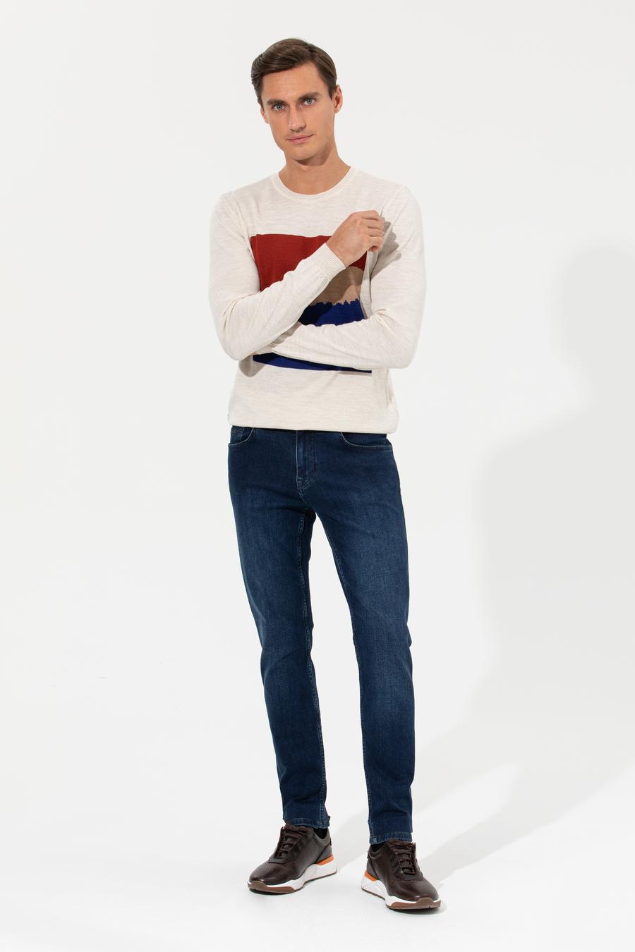 Ekru Slim Fit Bisiklet Yaka Triko Kazak - 50259300007