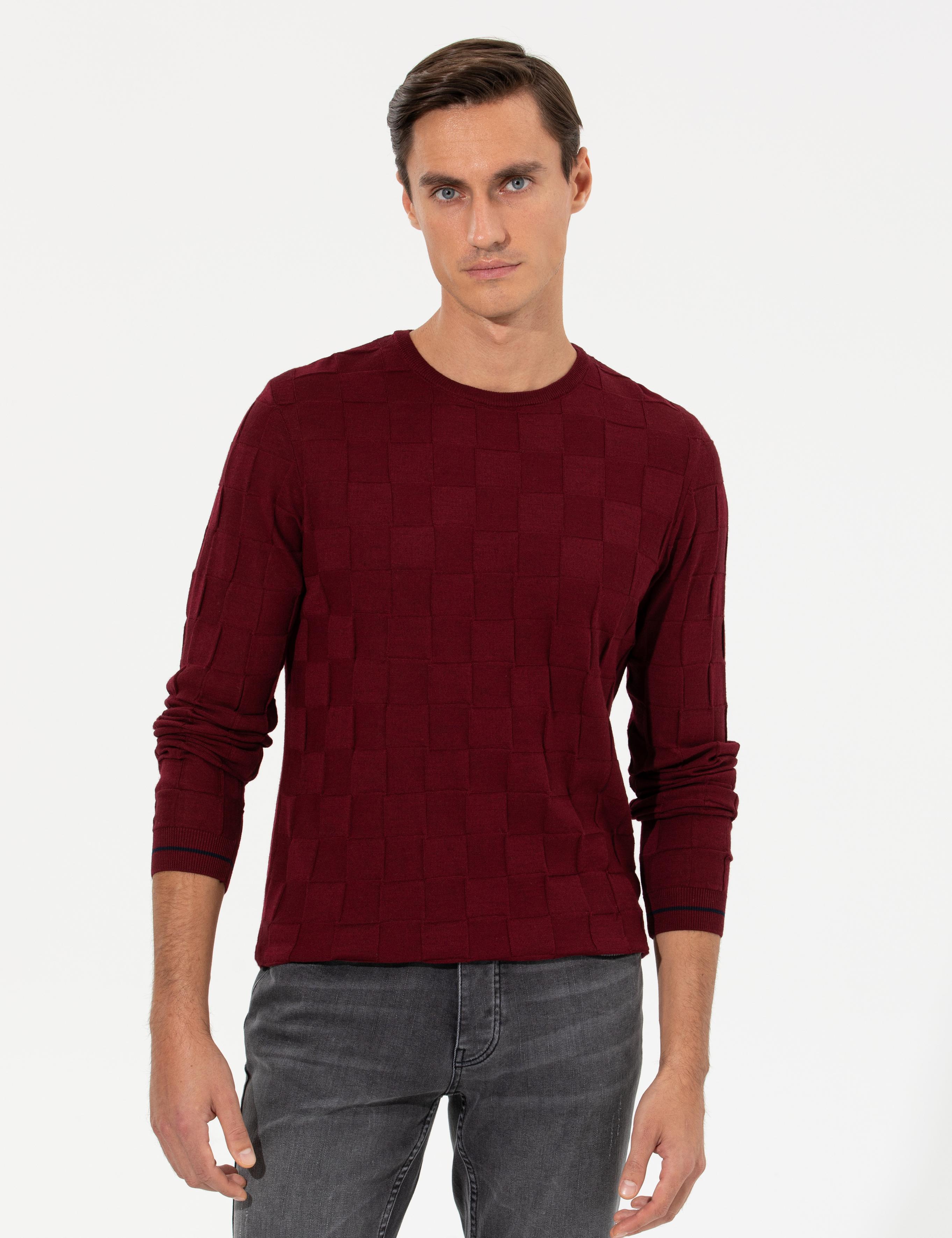 Bordo Slim Fit Yün Karışımlı Bisiklet Yaka Triko Kazak - 50258883057