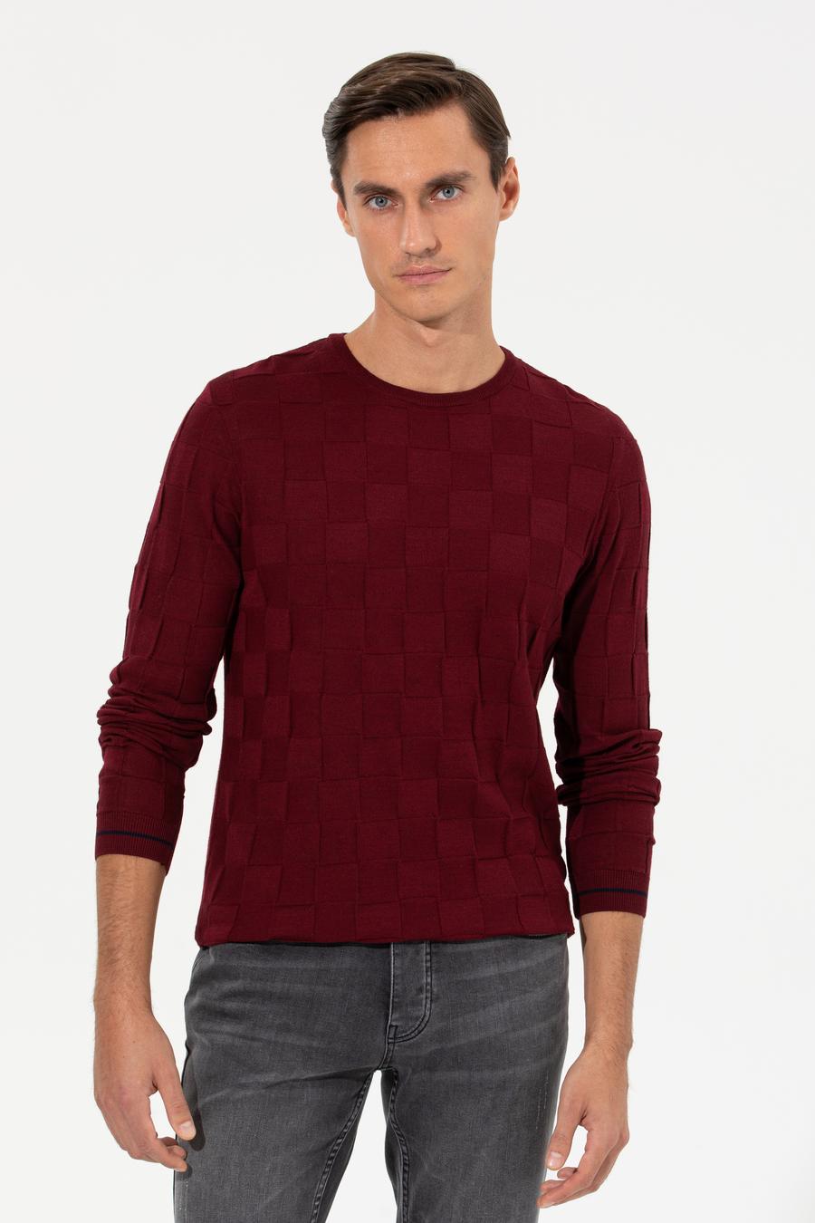 Bordo Slim Fit Yün Karışımlı Bisiklet Yaka Triko Kazak - 50258883057