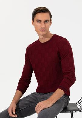 Bordo Slim Fit Yün Karışımlı Bisiklet Yaka Triko Kazak