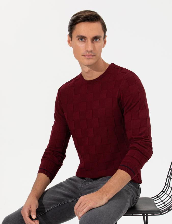 Bordo Slim Fit Yün Karışımlı Bisiklet Yaka Triko Kazak