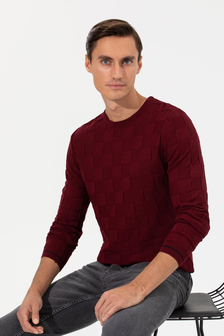 Bordo Slim Fit Yün Karışımlı Bisiklet Yaka Triko Kazak - 50258883057
