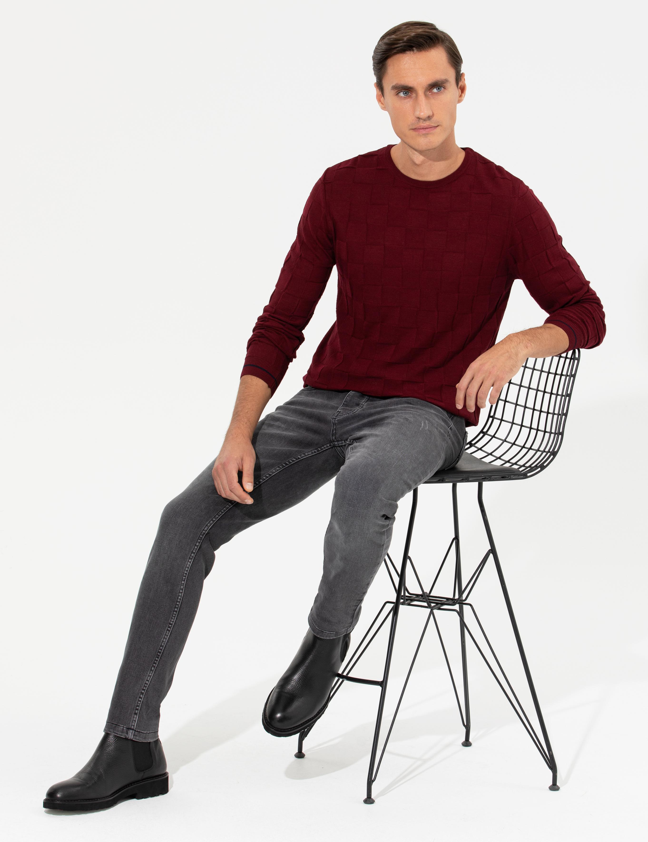 Bordo Slim Fit Yün Karışımlı Bisiklet Yaka Triko Kazak - 50258883057